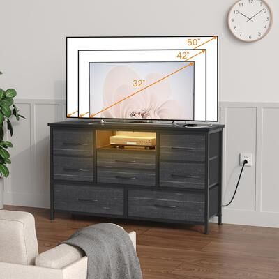 "Garvee 8-Drawer Fabric Dresser TV Stand with RGB LED and Power Outlet, Wood-Top Storage Console for 55"" TV"