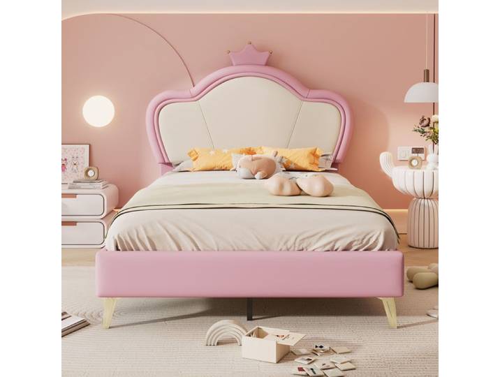 Lit enfant - KOMHTOM - Tête couronne - 90x200 cm - PU rembourré - Sommier à lattes