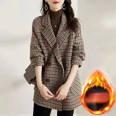 Rare Purchases Women's Thousand Birds Plaid Woolen Jacket, Autumn Winter New Style, Fleece Lined Medium Length Overcoat l coffee