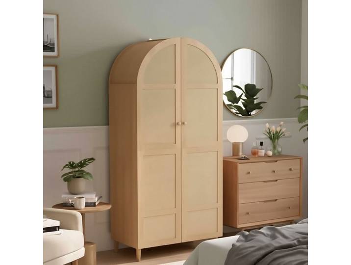 Armoire Penderie 80x50x179cm - 2 Portes en Rotin - Design Arqué Bohème - Tringle et Tiroir - Aspect Bois Naturel