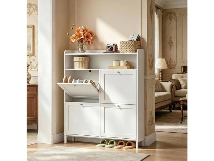 MEULVA Meuble à chaussures étroit blanc 100 cm 4 compartiments abattants pieds métalliques