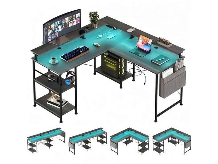 Bureau Gaming Angle avec LED et Prises 140 × 140 cm Bureau Gaming Réversible avec Étagères Noir