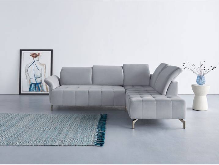 Ecksofa, 260x220 cm, Polyester, Hellgrau, Ottomane Rechts & Motorischer Vorziehsitz, Modern, Inosign