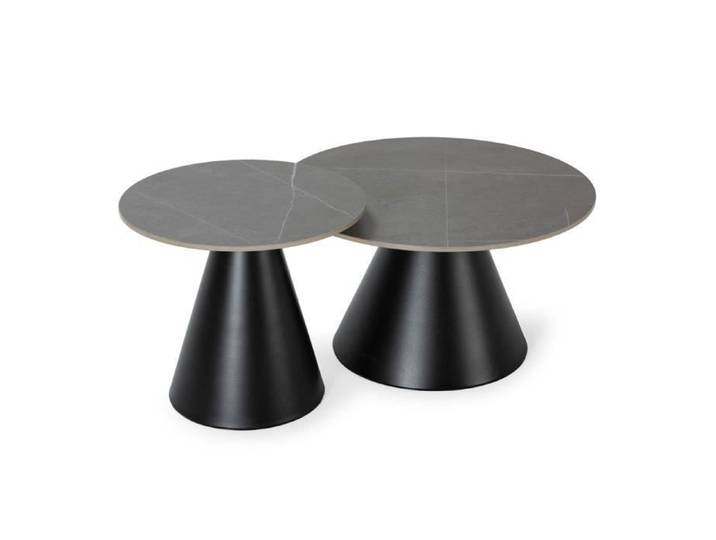 CALICOSY - Lot de 2 tables basse rondes en pierre fritée grise - LOUNA - Noir