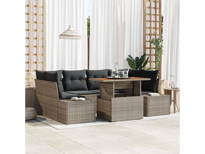 HEFZGDB 7-teilige Garten-Essgruppe mit Kissen Grau Poly Rattan Akazie, 6 Personen Eckbank Set inklusive Tisch und Seitensofa, UV-beständig Outdoor Möbel für Terrasse und Balkon