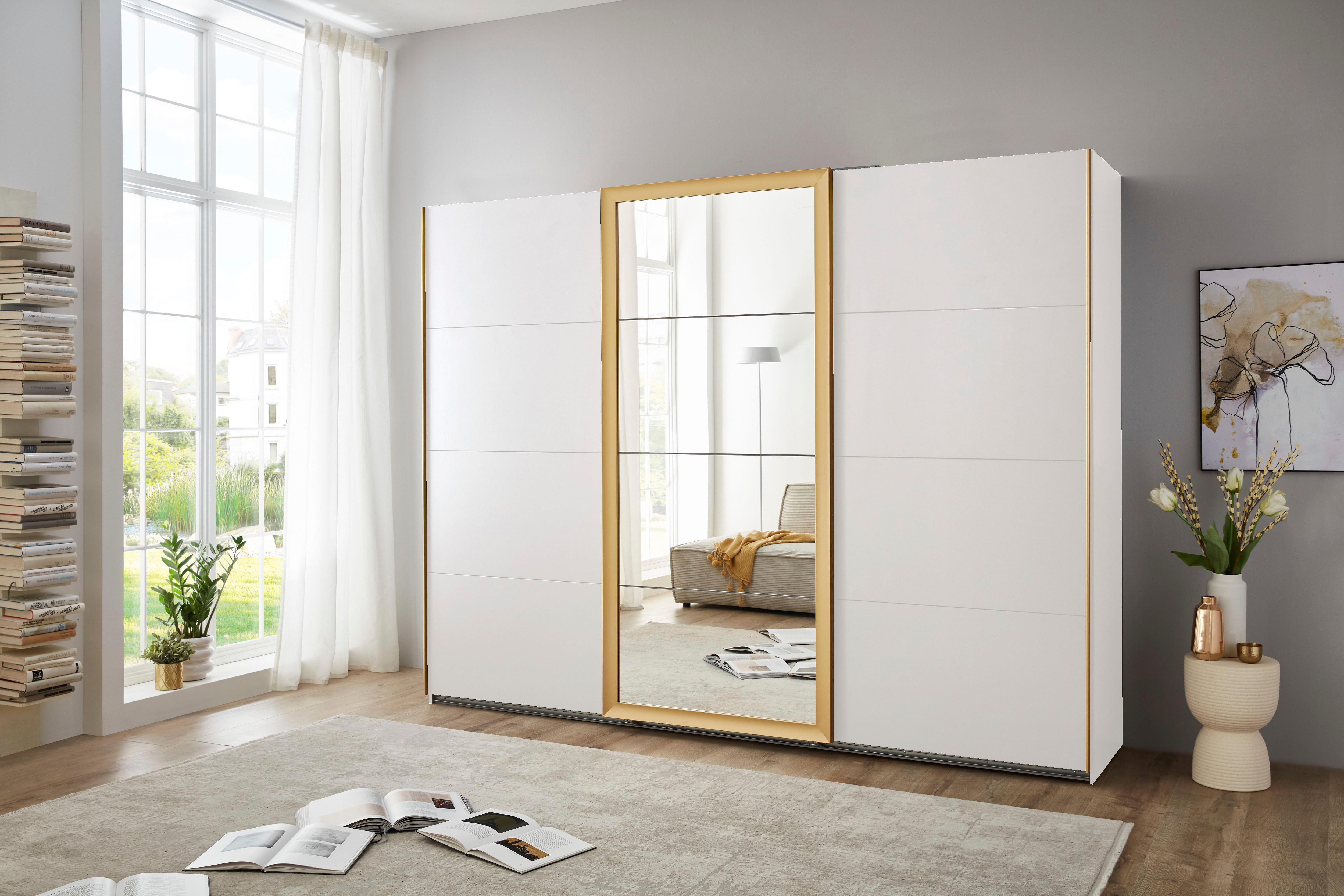 Schwebetürenschrank WIMEX "Katar, Kleiderschrank erhältlich in den Breiten 225cm und 270cm", weiss (weiß, absetzung gold matt), B:270cm H:208cm T:65cm, Holzwerkstoff, Schränke, Schwebetürenschrank, inkl. Spiegel, Akzente in Gold weiß, absetzung gold matt 