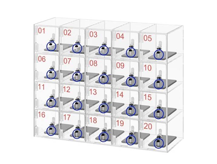 WUDLEP Aufbewahrungsschrank mit 20 Fächern, transparenter Acrylschrank mit Wandmontierter Handy-Organizer mit Kartenfächern, Handgelenkschlaufen und 2 Schlüsseln pro Tür für Klassenzimmer