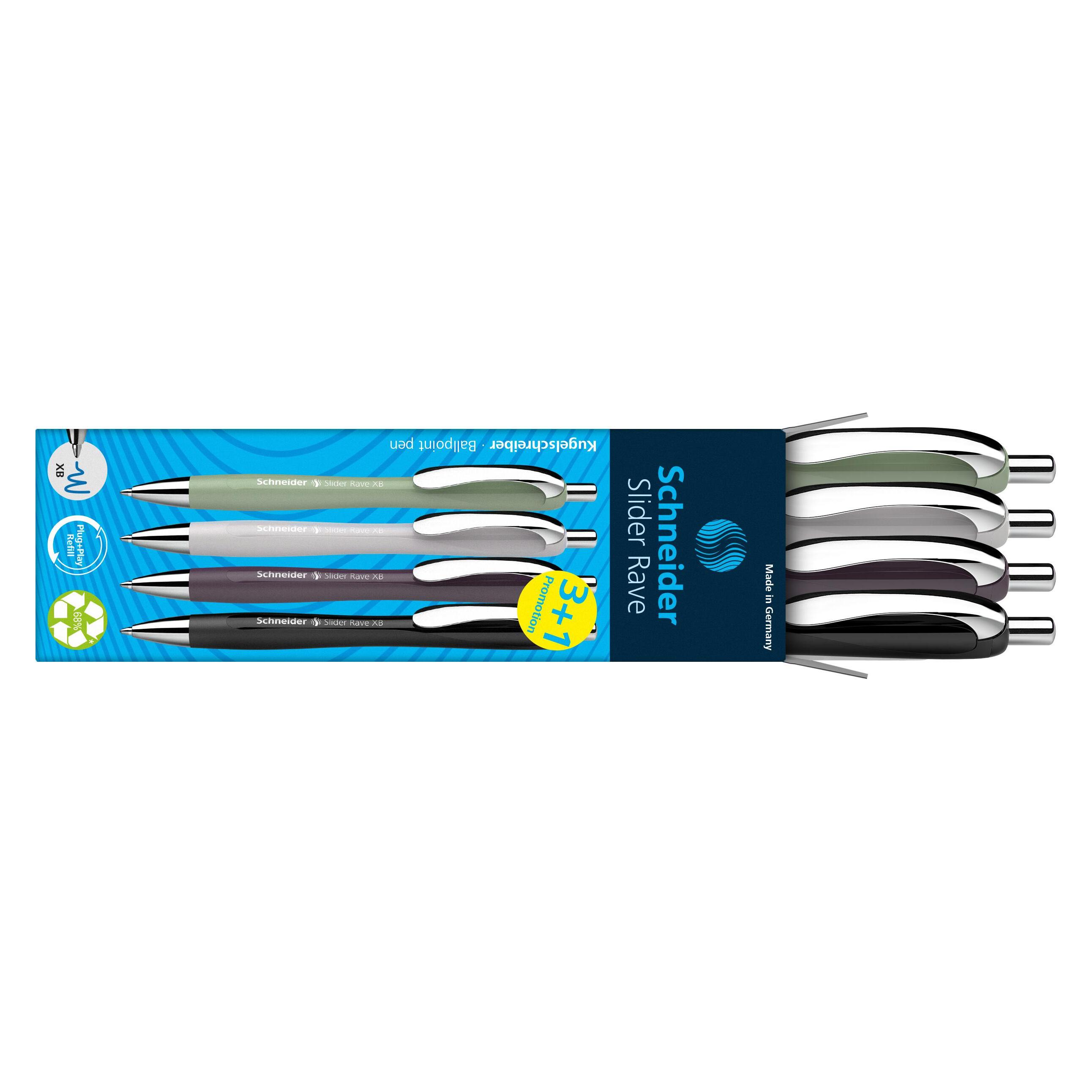Schneider 3 + 1 GRATIS: Kugelschreiber Slider Rave XB farbsortiert, Schreibfarbe: blau, 3 St. + GRAT (4x) (50-132684)