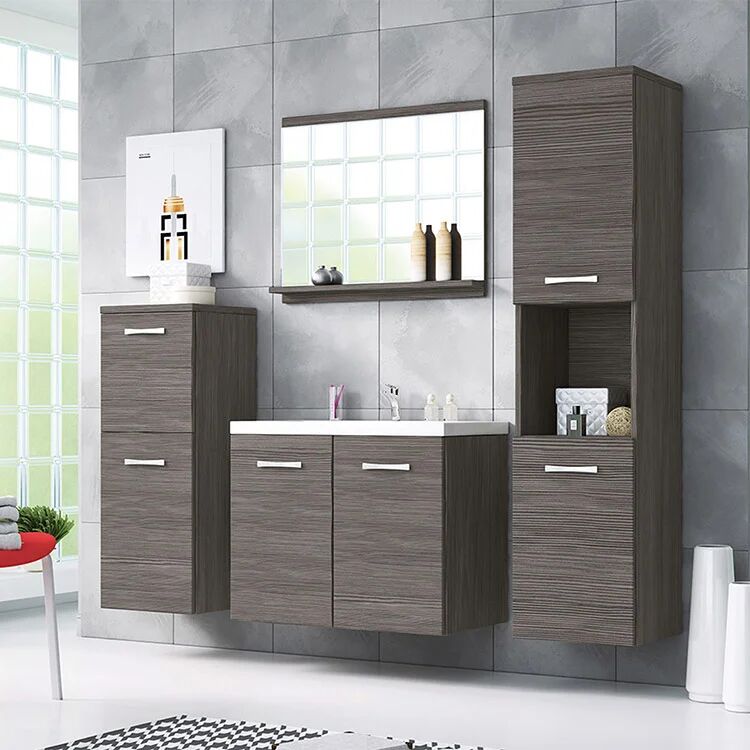 garneroarredamenti Mobile bagno sospeso 60cm con lavabo, specchio e 2 colonne rovere grigio Saturnia