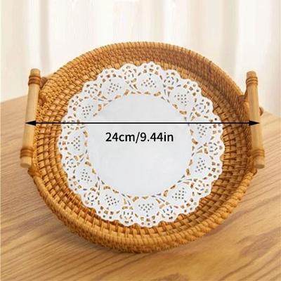 Uplift Essentials Woven Rattan Round Storage Basket Tray With Strap Handle For Snacks And Picnic m