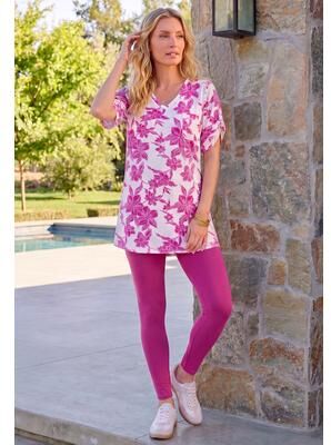 Plus Size Women's Plus Size Slub V-Neck Boyfriend Tunic Top by Roaman's in Raspberry Crocus Flowers (Size S) Long Shirt