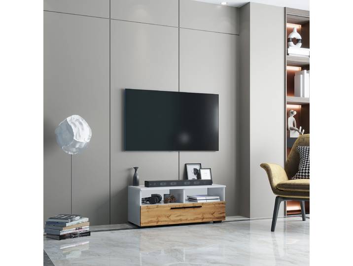 Meuble TV Arila avec compartiments de Panneau de particules, revêtu de mélaminé Blanc/Imitation chêne de San Remo/Blanc 95cm