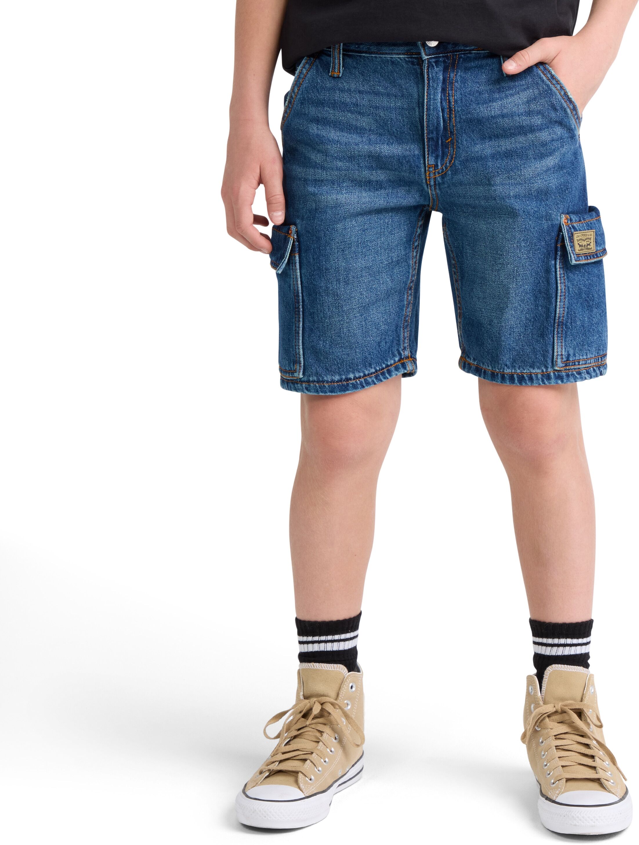 Cargoshorts LEVI'S KIDS "DENIM CARGO SHORTS", Jungen, Gr. 8 (128), N-Gr, blau (tumbleweed), Denim/Jeans, Obermaterial: 100% Baumwolle, unifarben, regular fit ca. Mitte Oberschenkel, Hosen Cargoshorts, mit Cargo Taschen