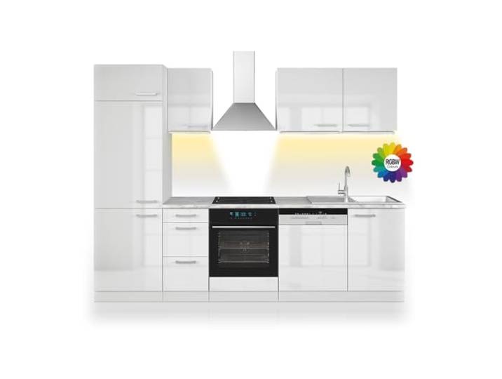 Vicco Küchenzeile Optima, Weiß Hochglanz/Weiß, 270 cm ohne Arbeitsplatte mit LED-Leisten, zur individuellen Anordnung und Erweiterung geeignet