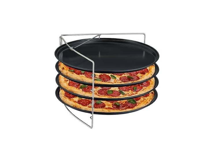 Relaxdays Plaque à pizza\, 4 pièces\, avec support\, antiadhésif\, acier au carbone\, rond\, anthracite/argent