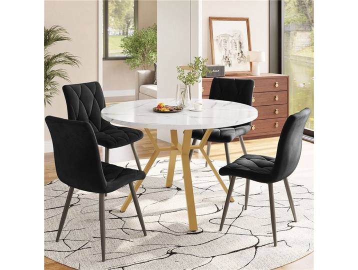 Ensemble repas rond 5 pièces table marbre pieds métal doré avec chaises velours noir design élégant cuisine salon