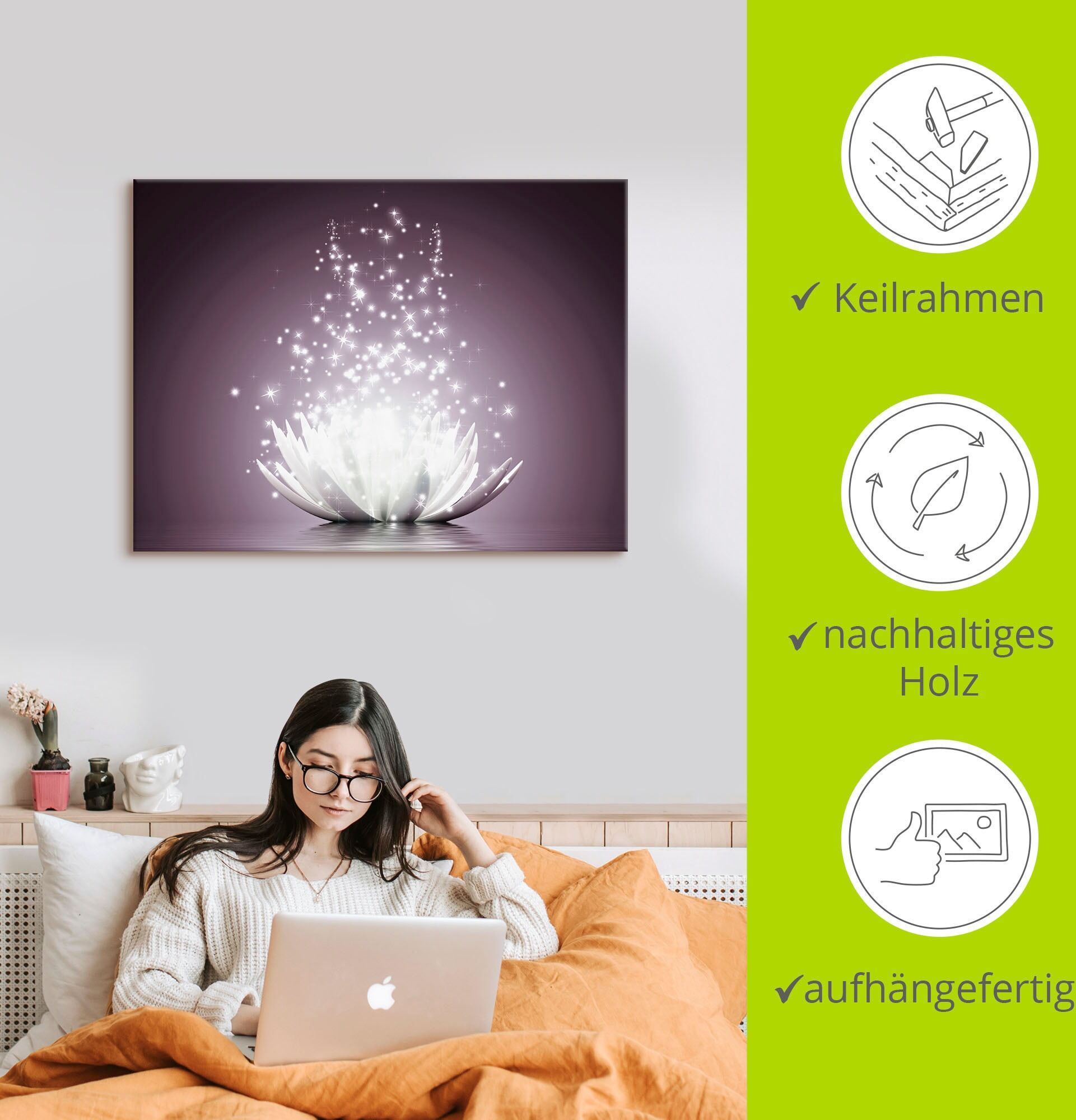 Wandbild ARTLAND "Magie der Lotus-Blume", lila (farbe bild(er): lila), B:60cm H:45cm, Bilder, Wandbild, als Leinwandbild, Poster in verschied. Grössen farbe bild(er): lila B/H/T: 60cm x 45cm, Leinwandbild Blumen Querformat, 1 Stk.