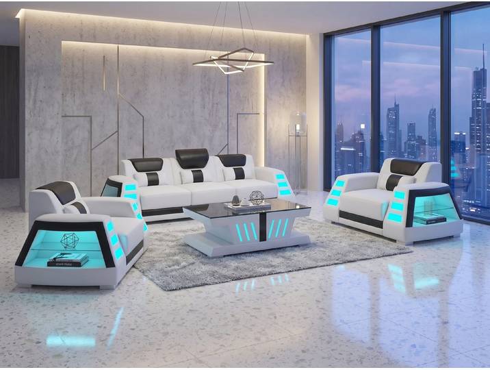 Xlmoebel Polstergarnitur 3 Sitzer Sofa 2 Sessel Weiß LED Design Couch Set Modern Wohnzimmer *, (Sofa Set, 3-tlg., 3-tlg), Verstellbare Rückenkissen, LED-Beleuchtung