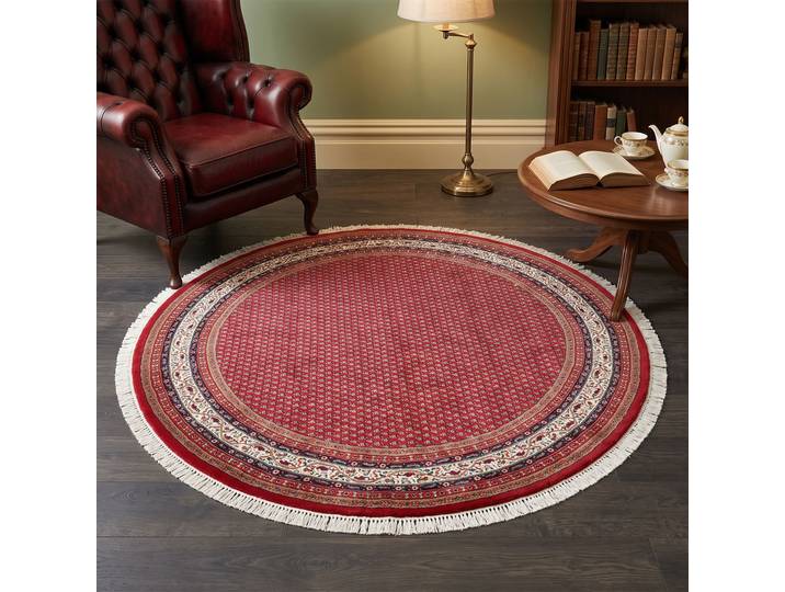 Orientteppich THEKO Chandi Mir, handgeknüpft , rot (rot, creme), H:12mm Ø:250cm, Schurwolle, Teppiche, Orientteppich, reine Wolle, mit Fransen, auch in rund & als Läufer, Wohnzimmer