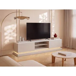TV-Möbel - 2 Schubladen & 2 Ablagefächer - Mit LED-Beleuchtung - MDF - Beige & Marmor-Optik Weiß - DEVIKA