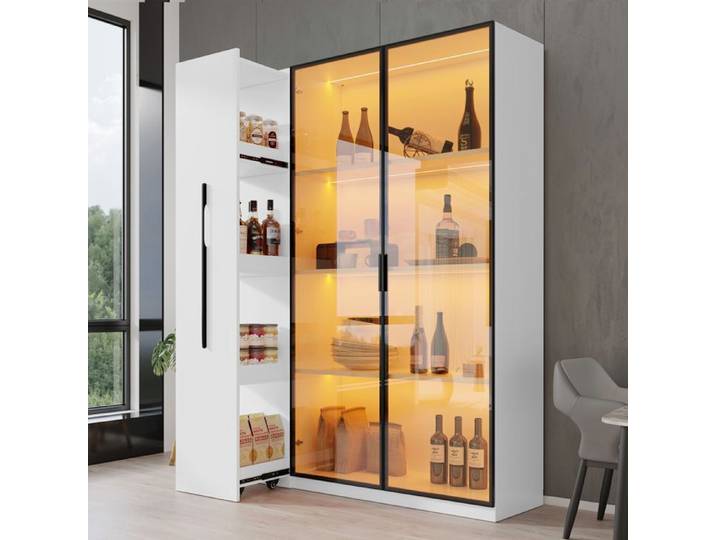 LEMONMAX Armoire Vitrine Multifonction 110.5x35x160 cm Blanc LED Intégrées Tiroir Latéral Roulettes Porte en Verre