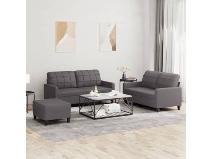 HEFZGDB 3-TLG. Sofagarnitur mit Kissen Grau Kunstleder, Langlebiges und Schmutzabweisendes Sofa-Set mit Robustem Gestell, Bequeme Polsterung für Entspannung, Vielseitiger Hocker