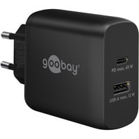 USB-C Dual-Schnellladegerät, PD, GaN, 65 Watt schwarz, 1x USB-C, 1x USB-A, Power Delivery
