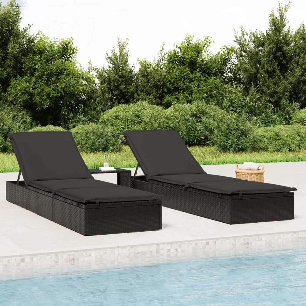 Maison Exclusive - Sonnenliegen 2 Stk. mit Tisch Schwarz Poly Rattan