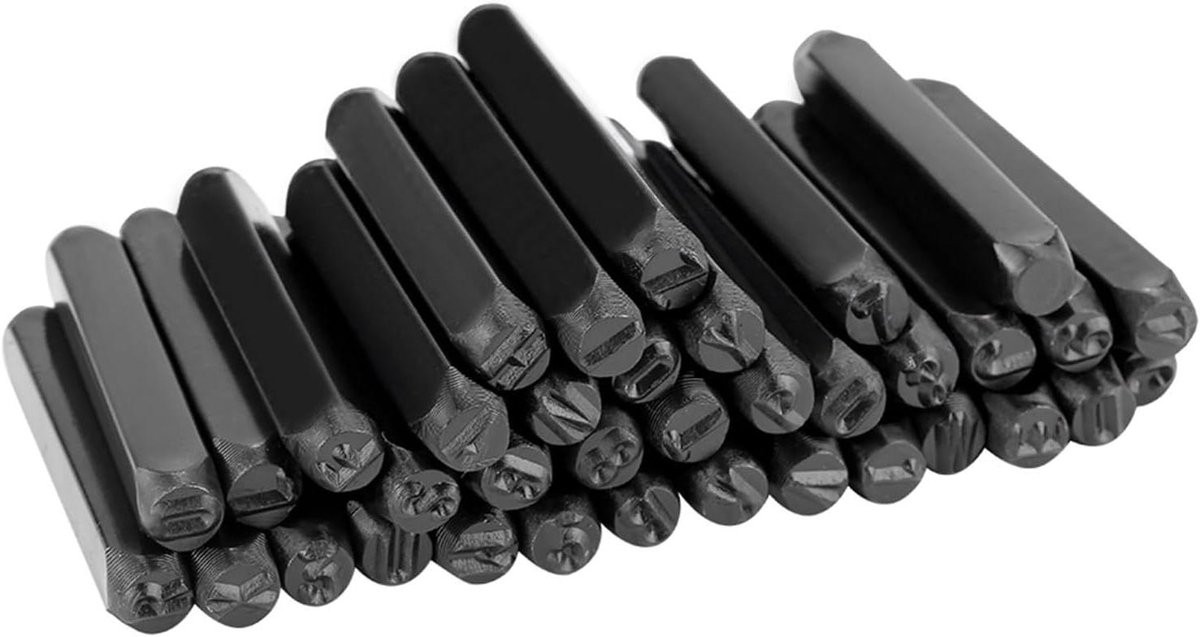Cijfer en letterstempelset van metaal en hout voor permanente markering, 36-delige set, tekenhoogte: 6 mm, zilverkleurig