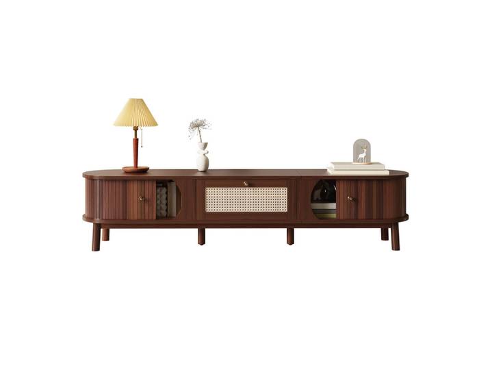 Evryae Lowboard Massivholz Bambusoptik Rattan Schubladen Walnuss Design Holzfüße Wohnzimmer Stauraum, Naturfarben, 1 Schubladen, Oval,Oval, Rundrohr, 170x38x39.5 cm, Wohnzimmer, TV Möbel, Lowboards, Lowboards stehend