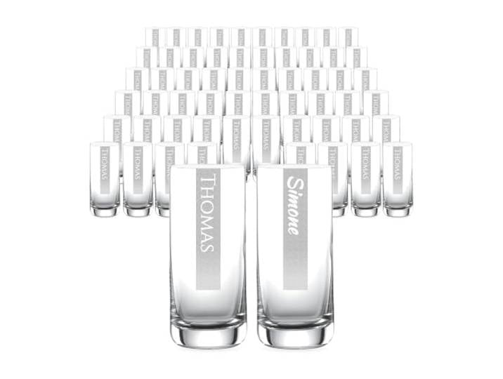 Miriquidi 60x Longdrinkglas 390ml mit Wunschnamen personalisiert Schott Glas mit Namen LogoGlas Trinkglas & Individuelle Lasergravur - 60 Stück - Gastro Pack
