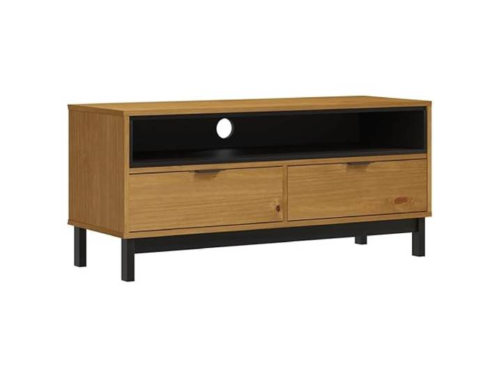 GHVBNMF TV-Schrank Massivholz Kiefer Lowboard 110x40x50 cm FLAM Rustikales Lowboard für Wohnzimmer mit 2 Schubladen, offenem Fach und integrierter Führung für Kabelmanagement.
