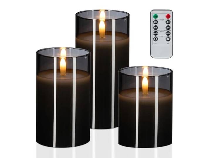 Relaxdays Bougies LED en verre\, 3 unités\, télécommande\, minuterie\, cire véritable\, lanternes sans flamme\, gris