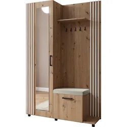 GARDEROBE Linaro mit Spiegel, Sitzbank in Lamellen-Optik 137/207/42 cm, Rechts