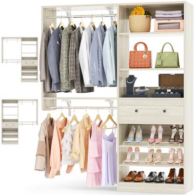 Rackcog 5FT Wood Closet System with 2 Hanging Rods ＆ Adjustable Shelf,Reversible Walk In Closet Organizers with Shoe Rack ＆ Drawer