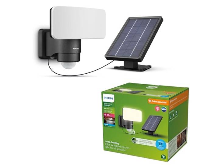 Philips Tylus ultraeffiziente Solar-Sicherheitsleuchte für den Außenbereich mit Sensor, 5000K Tageslicht, 1000/50lm, Schwarz