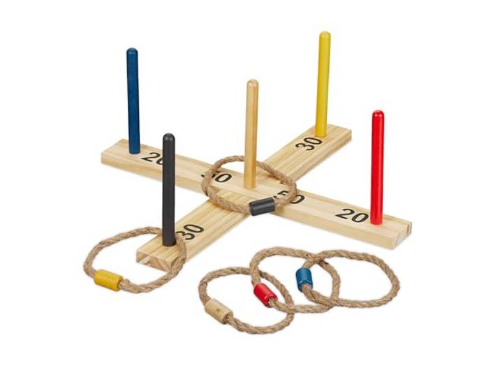 Relaxdays ringwerpspel, hout, voor kinderen & volwasssen, ringen gooien, binnen en buiten, kindefeestje, meerkleurig