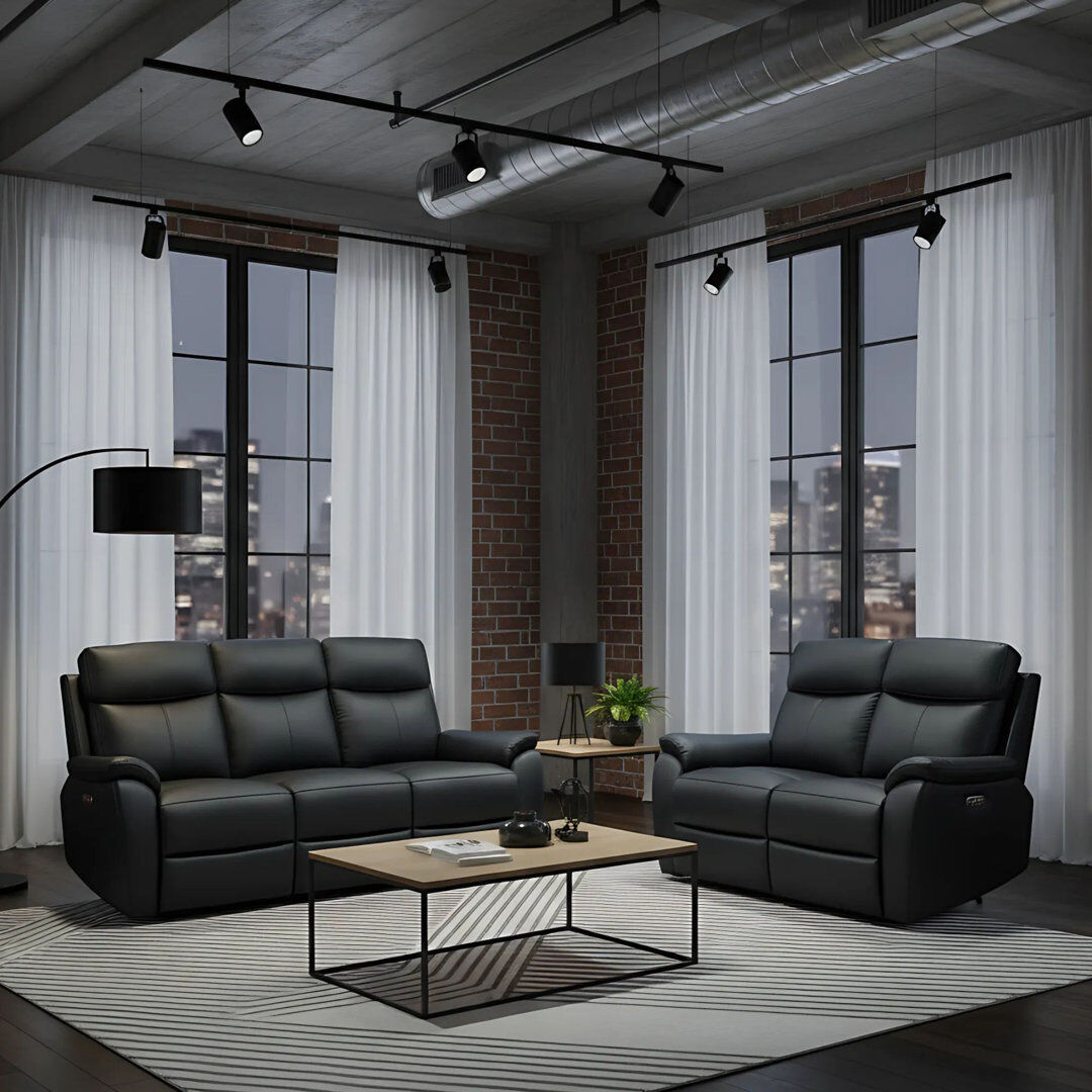 Ophelia & Co. Windsor Powerglide 3 + 2 Real Leather Power Recliner Sofa Set Black 2