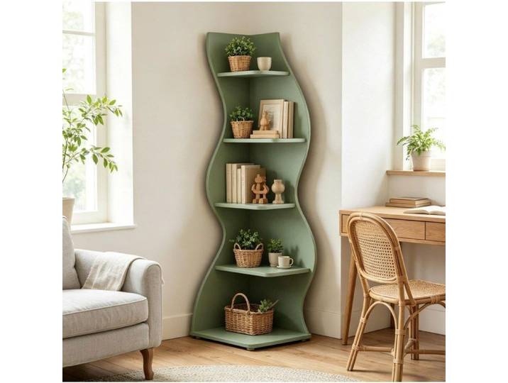 WUVRIE Étagère d'angle sur pied 5 niveaux vert design ondulé meuble de rangement en bois