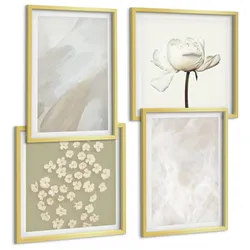BILDER SET 4er Set - 50x50 cm & 40x60 cm Goldrahmen - Blumen, modische Boho-Texturen