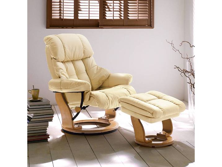 Relaxsessel mit Hocker Beige/Creme Kontaktflächen: Echtleder Rückseiten: Kunstleder Gestell: Formholz Hellbraun 90 x 104 x 91cm