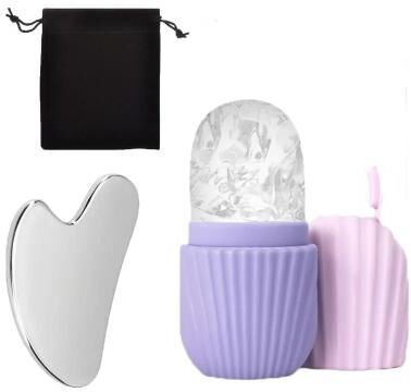 Useful Little Things Stainless Steel Ice Face Roller And Gua Sha Skincare Set purple