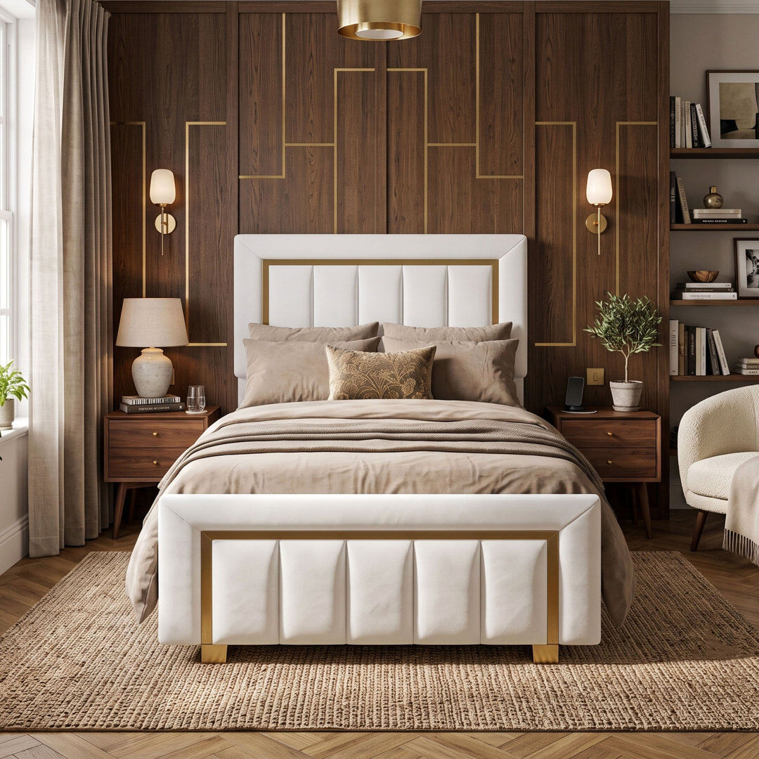 Ivy Bronx UK & EU Velvet Ottoman Bed with Fluted Gold-Trim Headboard, Luxury Gas-Lift Storage Bed, Beige/Black Beige Single (3')