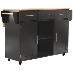 MODFU Küchenwagen MDF Schwarz/Natur 139x46(71)x91,5 cm, klappbare Tischplatte, Rollen und Holzfüße