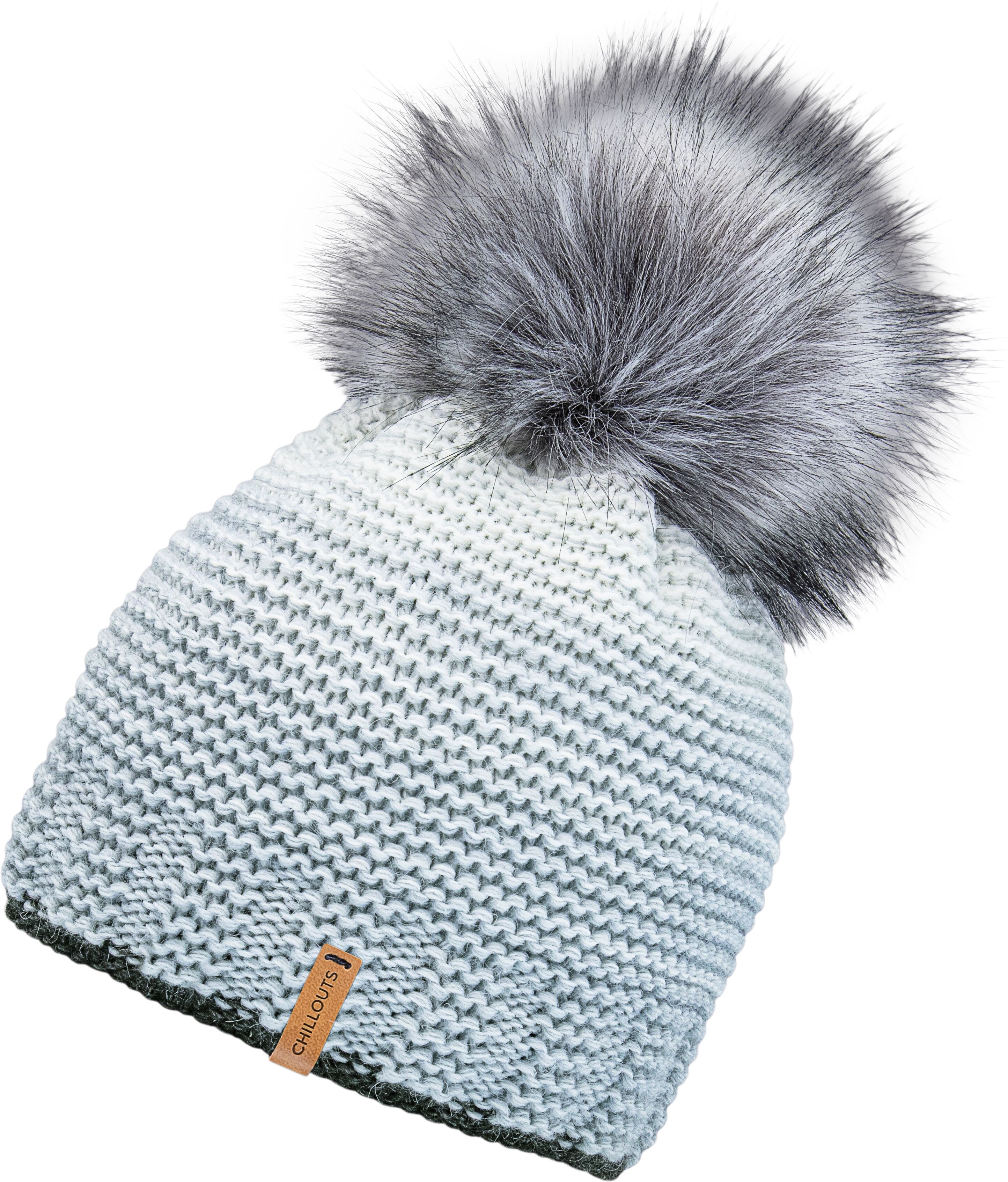 Bommelmütze CHILLOUTS "Klara Hat", Damen, blau, Strick, Materialmix, unifarben, Mützen Bommelmütze, mit abnehmbarem Kunstfell-Bommel blau Einheitsgröße