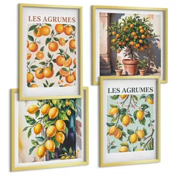 BILDER SET 4er Set - 50x50 cm & 40x60 cm Goldrahmen - Fruchtige Zitrusmuster
