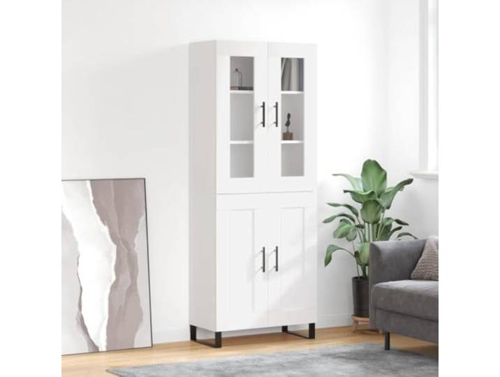 Weißes Highboard fürs Wohnzimmer, Modernes Highboard mit Wandhalterung, Elegantes mit Stauraum, Praktischer Schrank mit Türen zur Aufbewahrung, aus Holzwerkstoff mit Metallfüßen