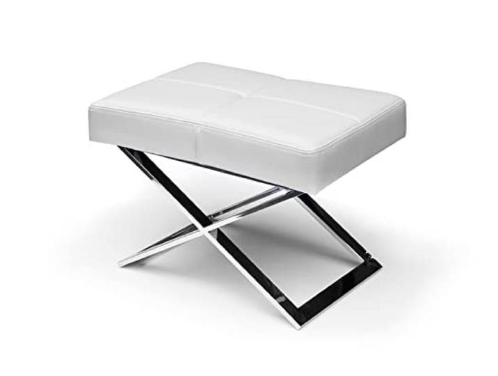 NEUERRAUM Bauhaus Fußhocker, Beistellhocker, Sitzhocker, Hocker, X-Fuß Edelstahl poliert. Abbildung in (Echt-) Leder Weiß.