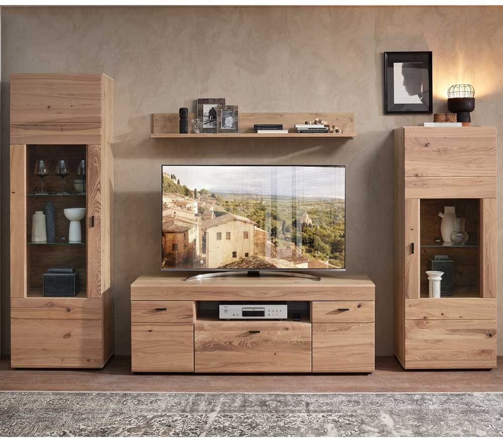Pharao24.de Design Wohnwand teilmassiv Holz 195 cm hoch Oberfläche geölt (vierteilig)