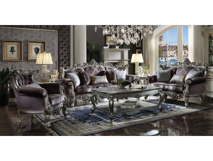 JVmoebel Polstergarnitur Barocke Polstersofa Garnitur in Lila und Grau, handgefertigt, (Set, 3-tlg), Made in Europa
